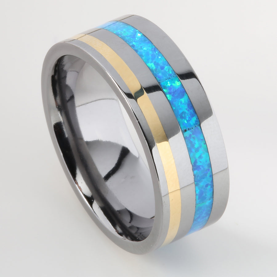Tantalum with 14K Yellow Gold and Blue Opal Inlaid Wedding Ring Flat 8mm