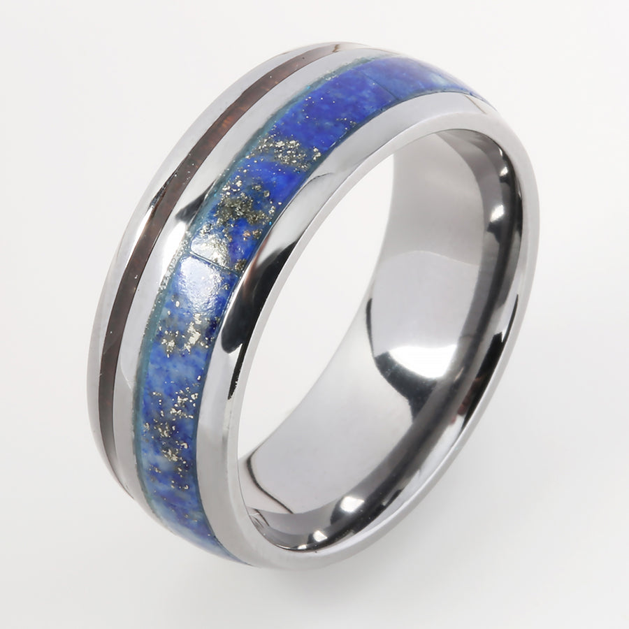 Tantalum with Koa Wood and Lapis Lazuli Inlaid Wedding Ring Barrel 8mm