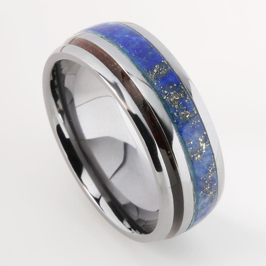 Tantalum Ring with Hawaiian Koa Wood and Lapis Lazuli Inlaid Oval Wedding Ring 8mm