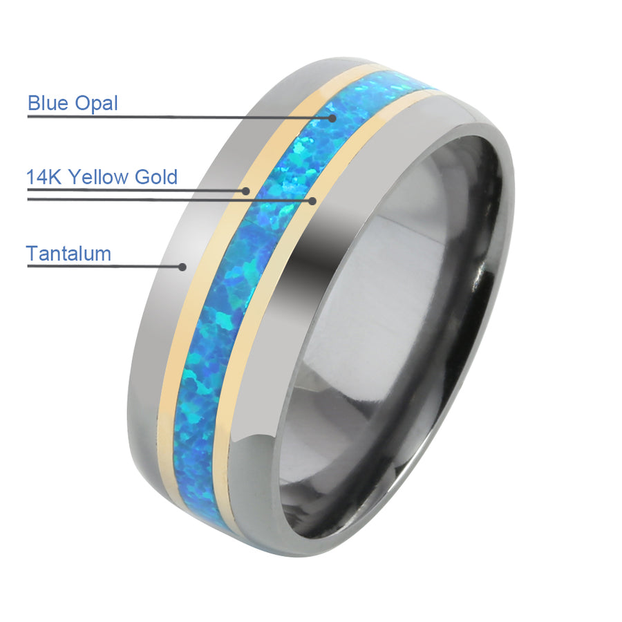 Tantalum  with 14K Yellow Gold and Blue Opal Inlaid Wedding Ring Barrel 8mm