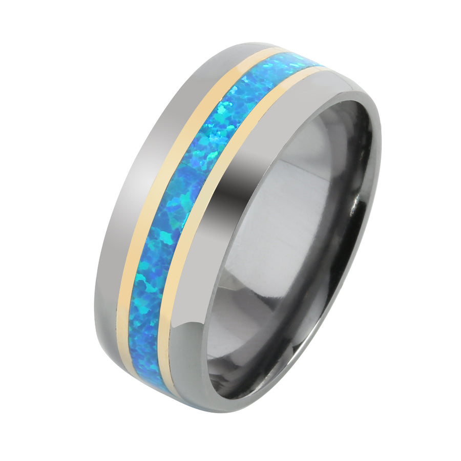 Tantalum  with 14K Yellow Gold and Blue Opal Inlaid Wedding Ring Barrel 8mm