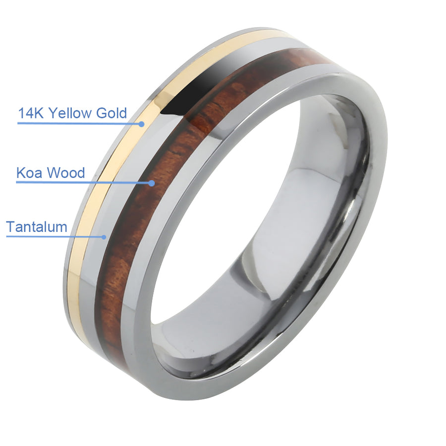 Tantalum with 14K Yellow Gold and Koa Wood Inlaid Wedding Ring Flat 6mm