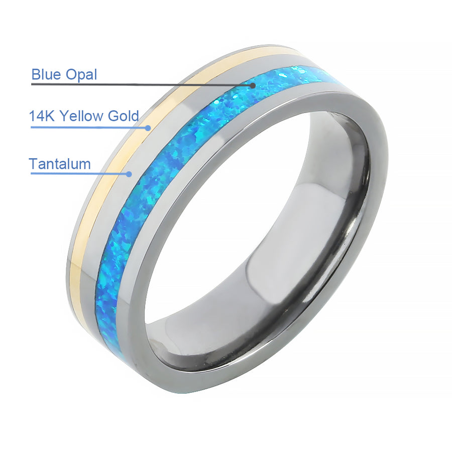 Tantalum with 14K Yellow Gold and Blue Opal Inlaid Wedding Ring Flat 6mm