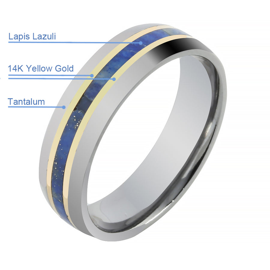 Tantalum with 14K Yellow Gold and Lapis Lazuli Inlaid Wedding Ring Barrel 6mm