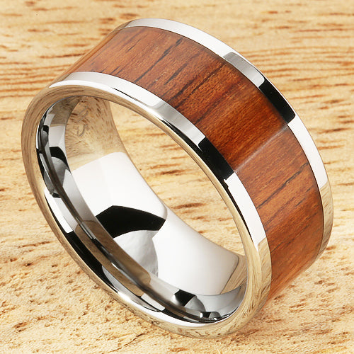 10mm Natural Hawaiian Koa Wood Tungsten Ring Flat Shape Comfort Fit