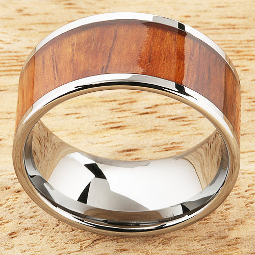 Extra Wide Koa Wood Tungsten Ring Flat 12mm Band Hawaiian Ring