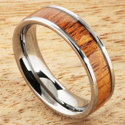 6mm Natural Hawaiian Koa Wood Inlaid Tungsten Flat Wedding Ring