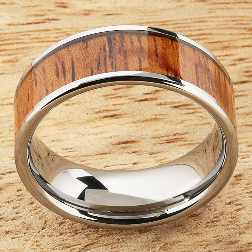 8mm Natural Hawaiian Koa Wood Inlaid Tungsten Flat Wedding Ring