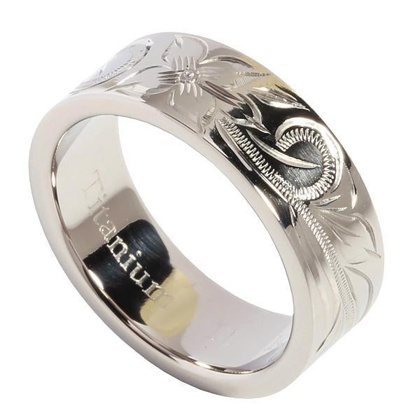 Titanium Hawaiian Scroll Engraved Flat Wedding Ring 8mm