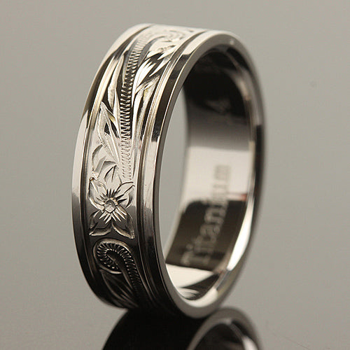 8mm Hawaiian Scroll Titanium Wedding Ring with Two Engraved Line