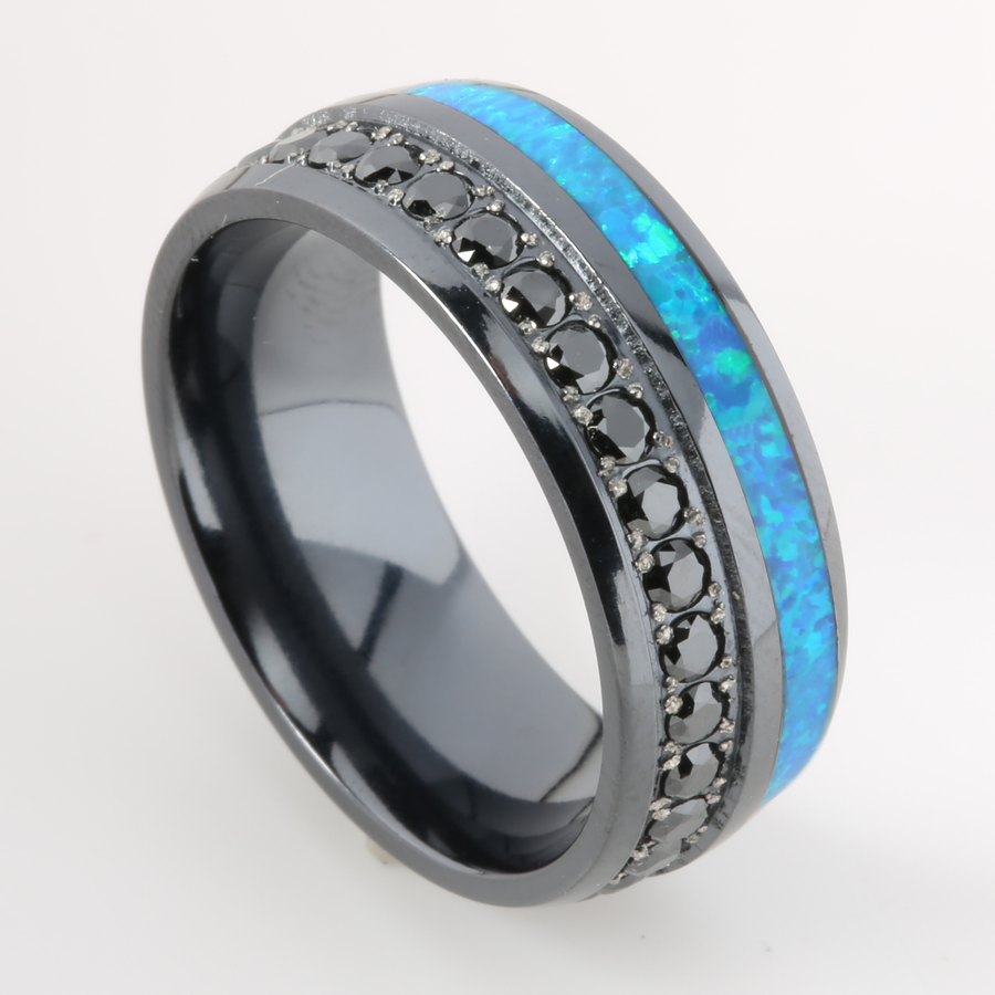 Black Titanium Opal Inlaid with Black CZ Oval Wedding Ring 8mm