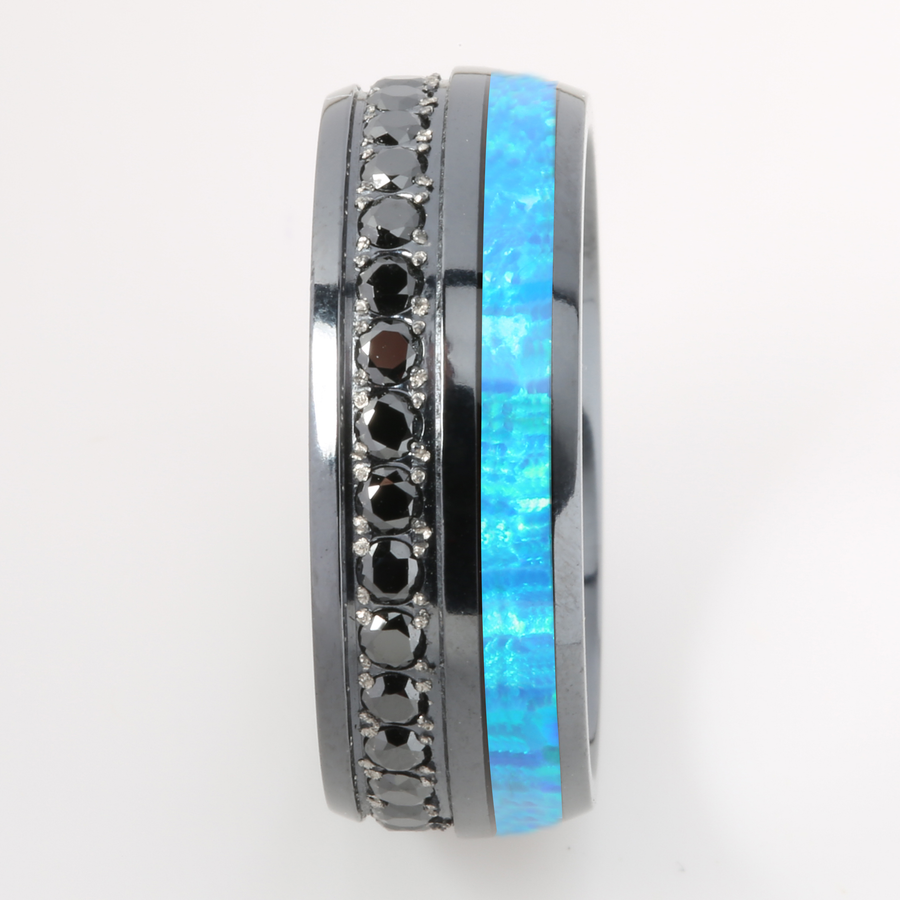 Black Titanium Opal Inlaid with Black CZ Oval Wedding Ring 8mm