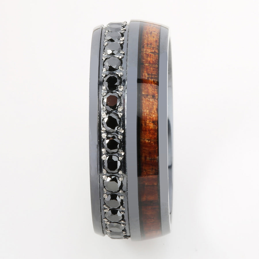 Black Titanium Hawaiian Koa Wood Inlaid with Black CZ Oval Wedding Ring 8mm