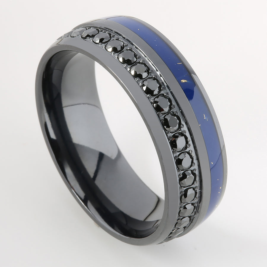 Black Titanium Lapis Lazuli Inlaid with Black CZ Oval Wedding Ring 8mm