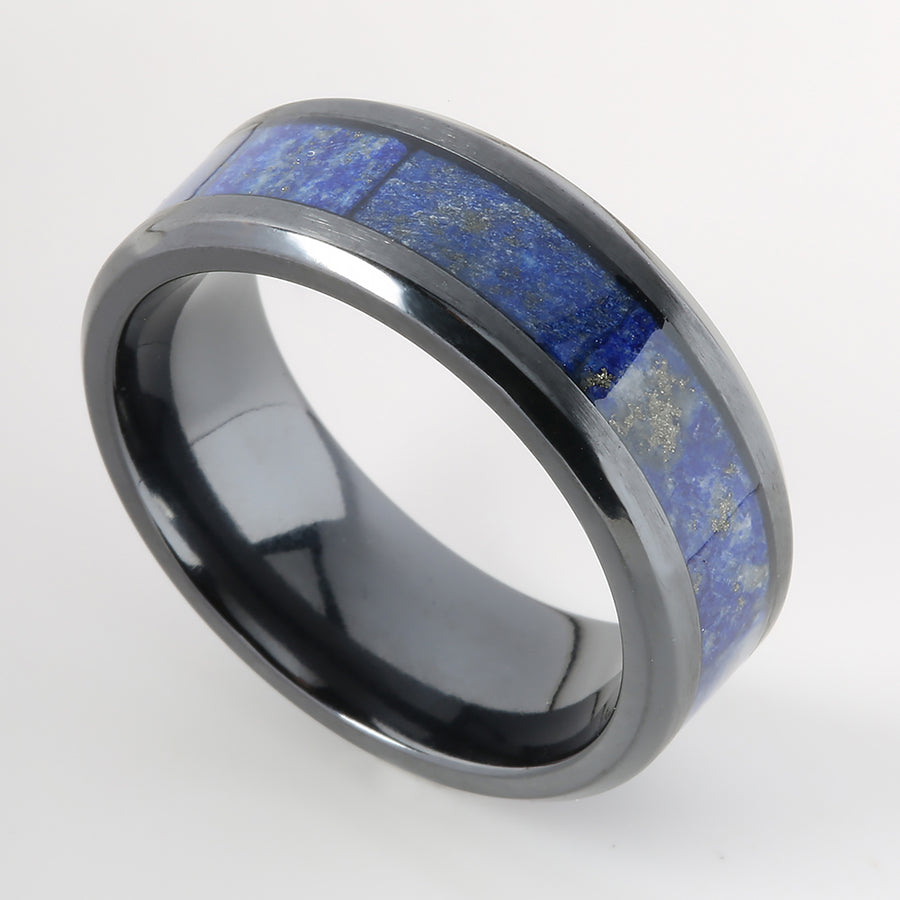 Black Titanium Lapis Lazuli Inlaid Beveled Edge Wedding Ring 8mm