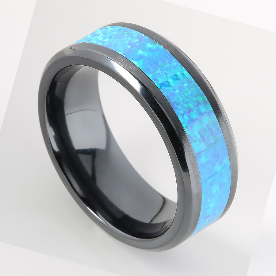 Black Titanium Opal Inlaid Beveled Edge Wedding Ring 8mm