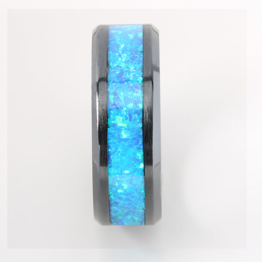 Black Titanium Opal Inlaid Beveled Edge Wedding Ring 8mm