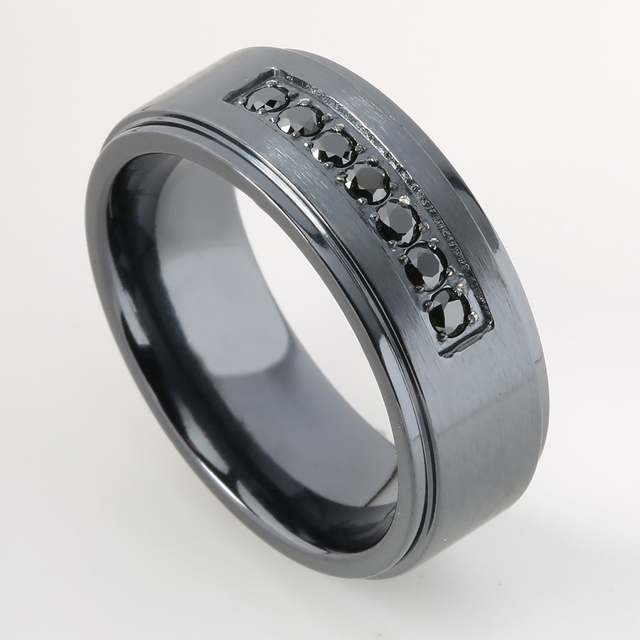 Black Titanium Double Ring with Black CZ Flat Wedding Ring 8mm