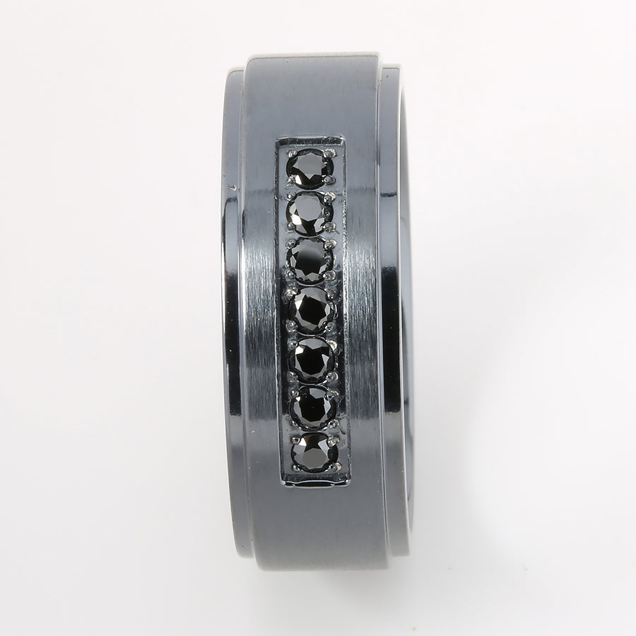 Black Titanium Double Ring with Black CZ Flat Wedding Ring 8mm