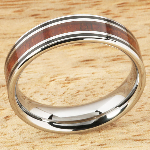 6mm Natural Hawaiian Koa Wood Inlaid Tungsten Double Line Wedding Ring