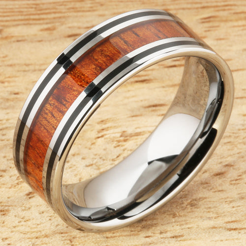 8mm Natural Hawaiian Koa Wood Inlaid Tungsten Double Line Wedding Ring