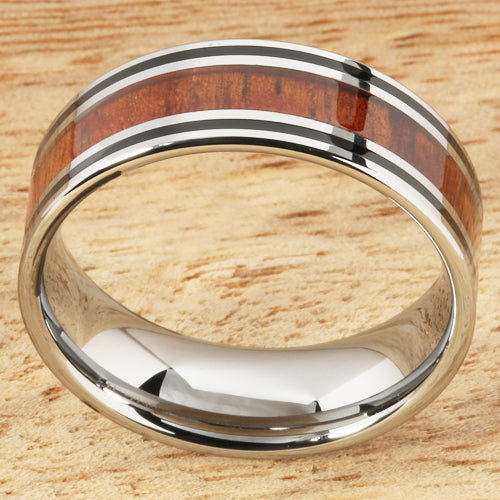 8mm Natural Hawaiian Koa Wood Inlaid Tungsten Double Line Wedding Ring