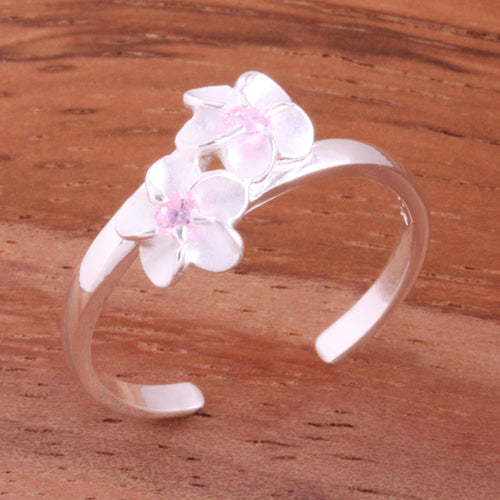 Two 4mm Plumeria with Clear CZ Toe Ring