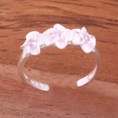 Three 4mm Plumeria with Clear CZ Toe Ring