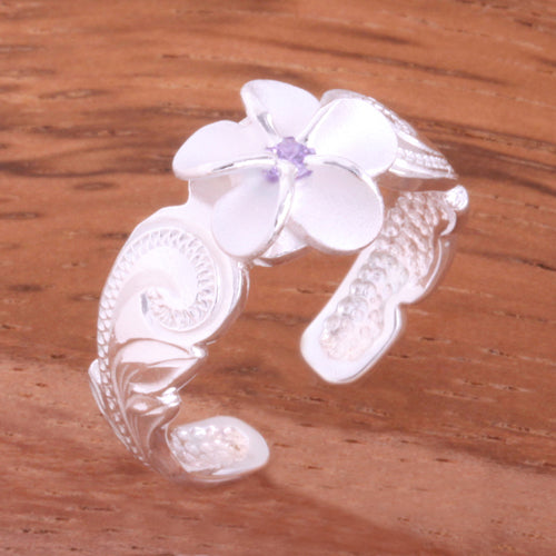 Hawaiian Scroll 8mm Plumeria with Clear CZ Cut Out Edge Toe Ring