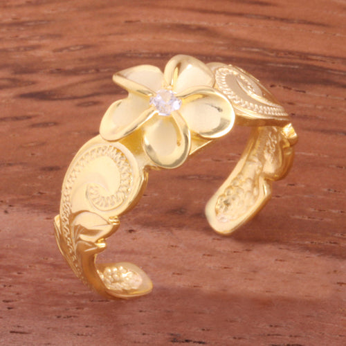 Hawaiian Scroll Yellow Gold Plated 8mm Plumeria with Clear CZ Cut Out Edge Toe Ring