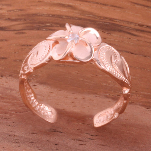 Hawaiian Scroll Pink Gold Plated 8mm Plumeria with Clear CZ Cut Out Edge Toe Ring