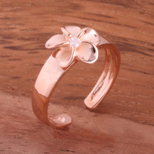 Pink Gold Plated 8mm Plumeria with Clear CZ Toe Ring