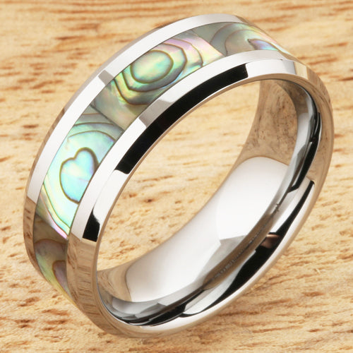 8mm Abalone Shell Inlaid Tungsten Beveled Edge Wedding Ring