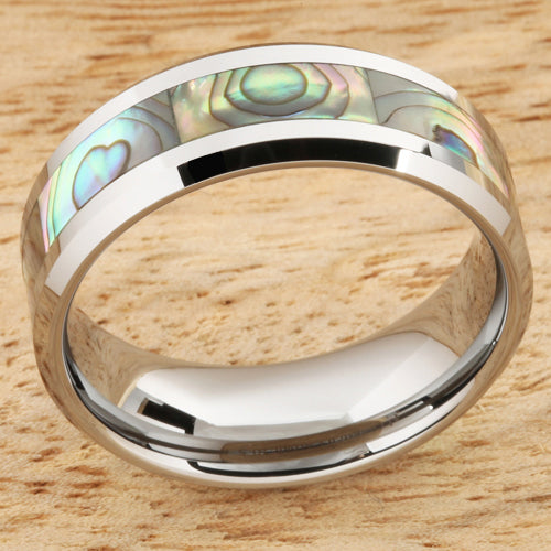 8mm Abalone Shell Inlaid Tungsten Beveled Edge Wedding Ring