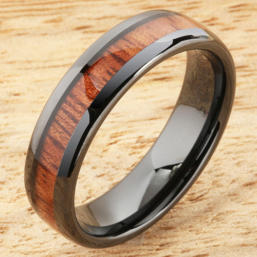 6mm Natural Hawaiian Koa Wood Inlaid High Tech Black Ceramic Oval Wedding Ring