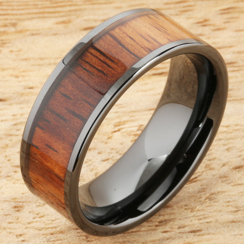 8mm Natural Hawaiian Koa Wood Inlaid High Tech Black Ceramic Flat Wedding Ring