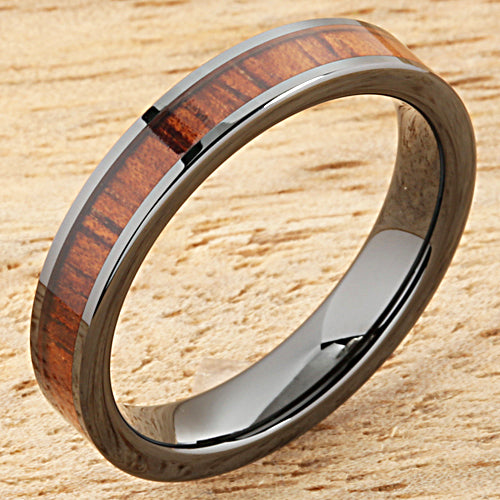 Natural Hawaiian Koa Wood Inlaid High Tech Black Ceramic Wedding Ring Flat 4mm Hawaiian Ring