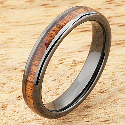 4mm Natural Hawaiian Koa Wood Inlaid High Tech Black Ceramic Oval Wedding Ring