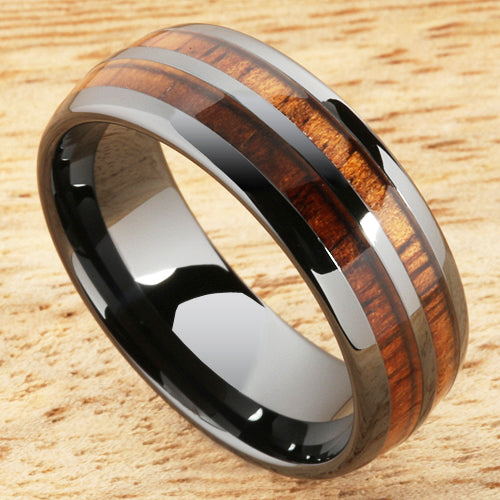8mm Natural Hawaiian Koa Wood Inlaid High Tech Black Ceramic Double Row Wedding Ring
