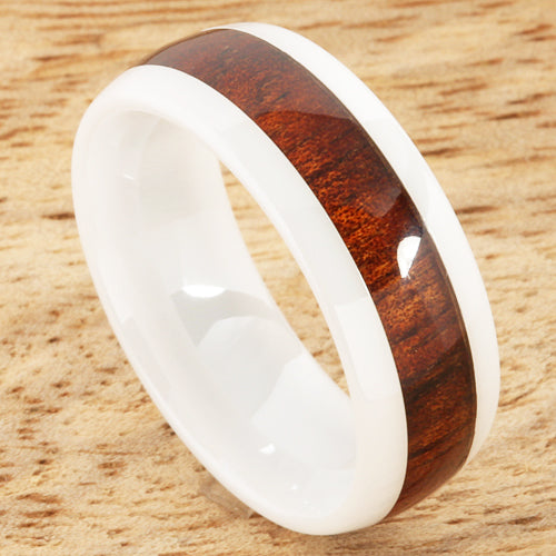 8mm Natural Hawaiian Koa Wood Inlaid High Tech White Ceramic Oval Wedding Ring