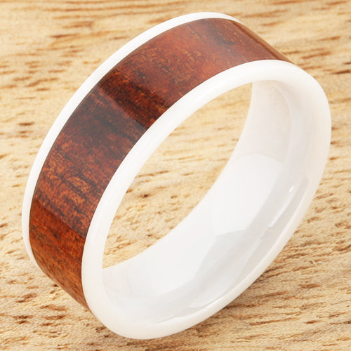 8mm Natural Hawaiian Koa Wood Inlaid High Tech White Ceramic Flat Wedding Ring