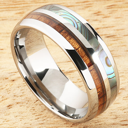 Koa Wood Abalone Tungsten Two Tone Wedding Ring Half Wood/Shell Barrel Shape Ring Set