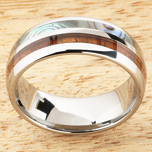 Koa Wood Abalone Tungsten Two Tone Mens Wedding Ring Half Wood/Shell 8mm Barrel Shape Hawaiian Ring