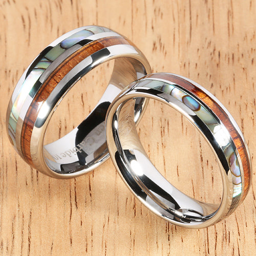Koa Wood Abalone Tungsten Two Tone Wedding Ring Half Wood/Shell Barrel Shape Ring Set