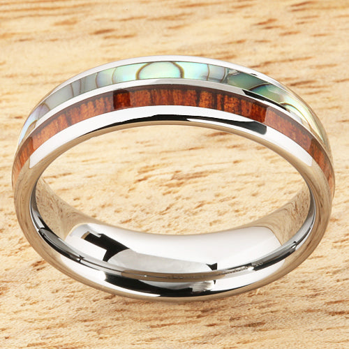 Koa Wood Abalone Tungsten Two Tone Wedding Ring Half Wood/Shell 6mm Barrel Shape Hawaiian Ring
