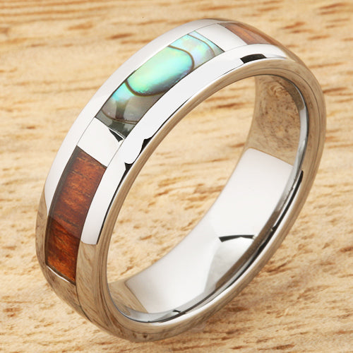 6mm Natural Hawaiian Koa Wood and Abalone Inlaid Tungsten Block Wedding Ring