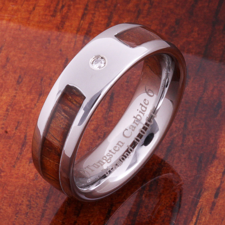 6mm Original Hawaiian Koa Wood with Diamond Inlaid Tungsten Oval Wedding Ring