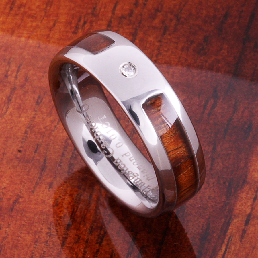 6mm Original Hawaiian Koa Wood with Diamond Inlaid Tungsten Oval Wedding Ring