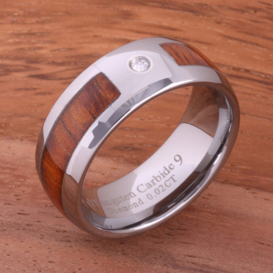 Diamond and Koa Wood Inlaid Tungsten Mens Wedding Ring Barrel Shape 8mm Hawaiian Ring