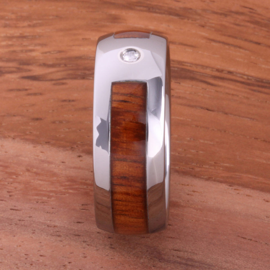 Diamond and Koa Wood Inlaid Tungsten Mens Wedding Ring Barrel Shape 8mm Hawaiian Ring